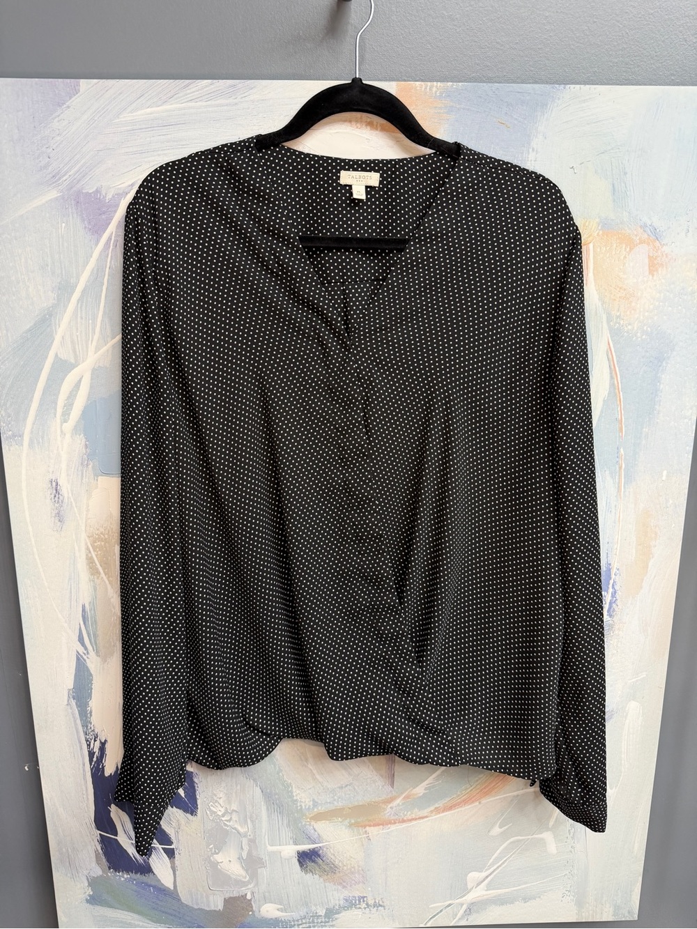 Talbots XL Black White Polka Dot Blouse Faux Wrap V Neck Long Sleeve Career 1122